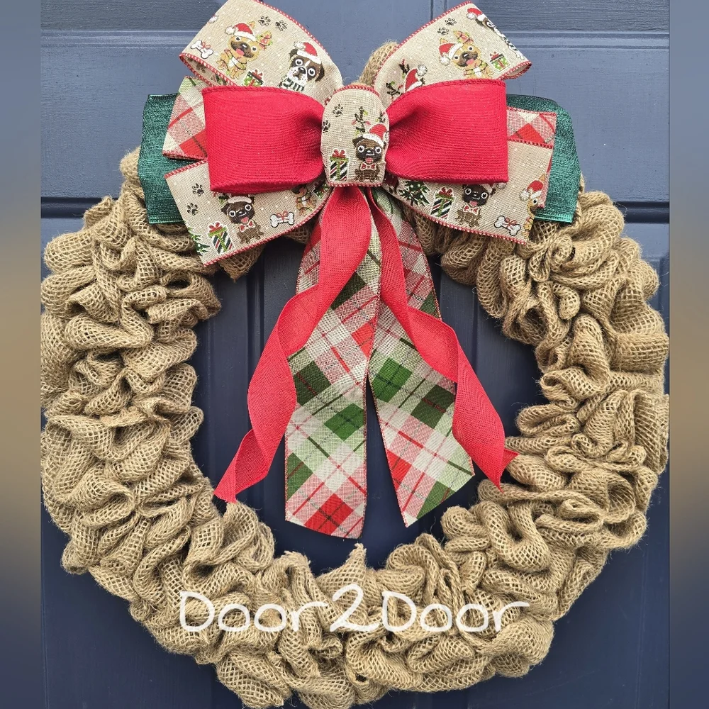 Festive Burlap Wreath with Red and Green Plaid Bow